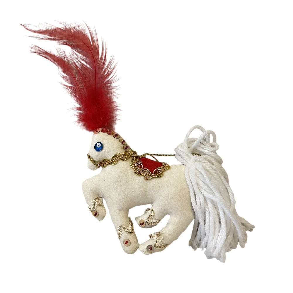 Felt Gold Sequin‎ CAROUSEL HORSE Plume Feather Christmas Ornament VTG Brucilla